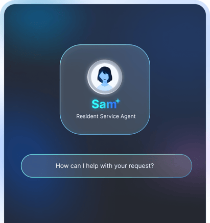 Sam AI Resident Service Agent logo with chat prompt asking how to help with request.