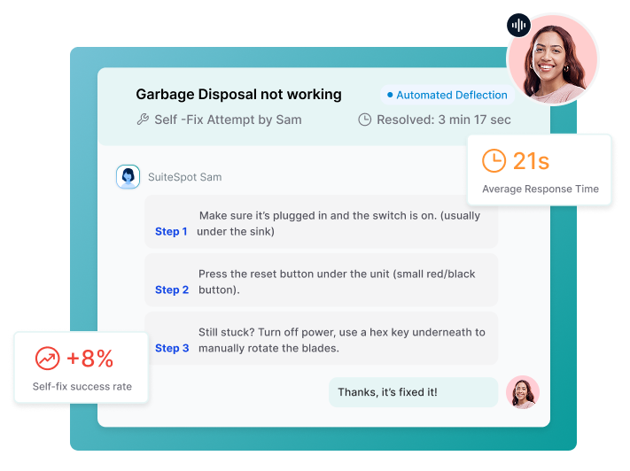 Sam AI Resident Service Agent guides resident fix with automated deflection.