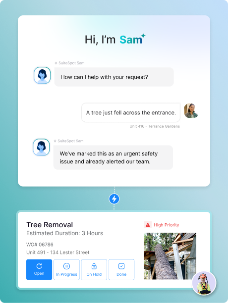 Sam AI Resident Service Agent creates urgent work order and alerts maintenance team.